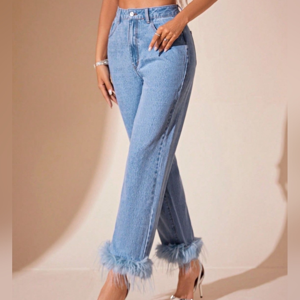 Plush Hem High Rise Straight Jeans